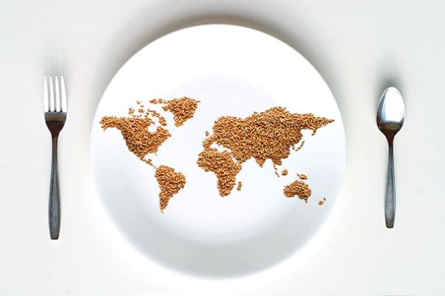 mapa do mundo em grãos dentro de um prato 